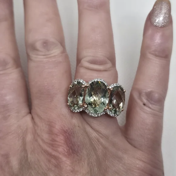 NWOT! Designer 3 Stone Prasiolite (Green Amethyst) Vermeil Rose Gold &925  Ring - Picture 6 of 10